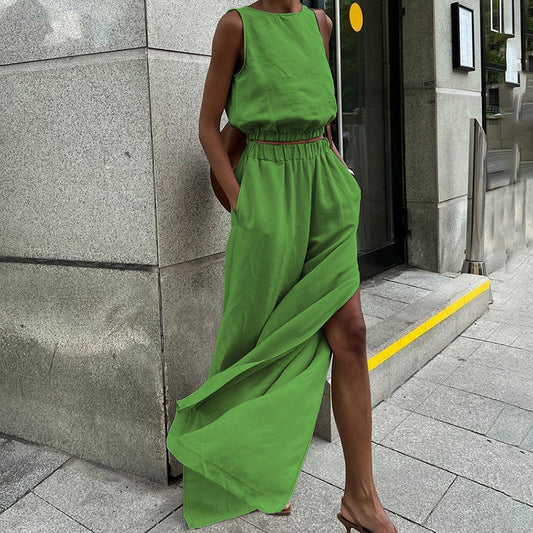 Chaleco sin mangas de lino y algodón con pantalones de pierna ancha divididos, traje de primavera y verano de dos piezas para mujer