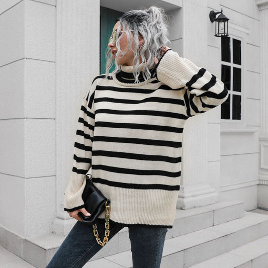 Suéter holgado de cuello alto con abertura inferior a rayas para mujer, popular para otoño e invierno.