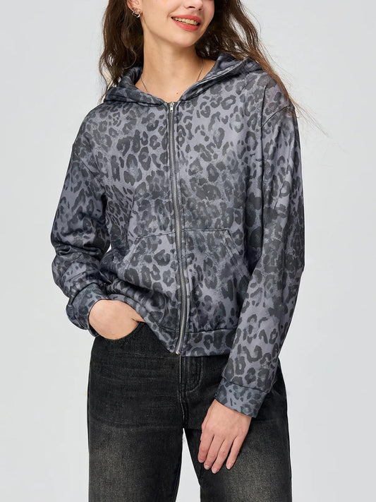 Chaqueta con capucha y estampado de leopardo vintage para otoño e invierno para mujer