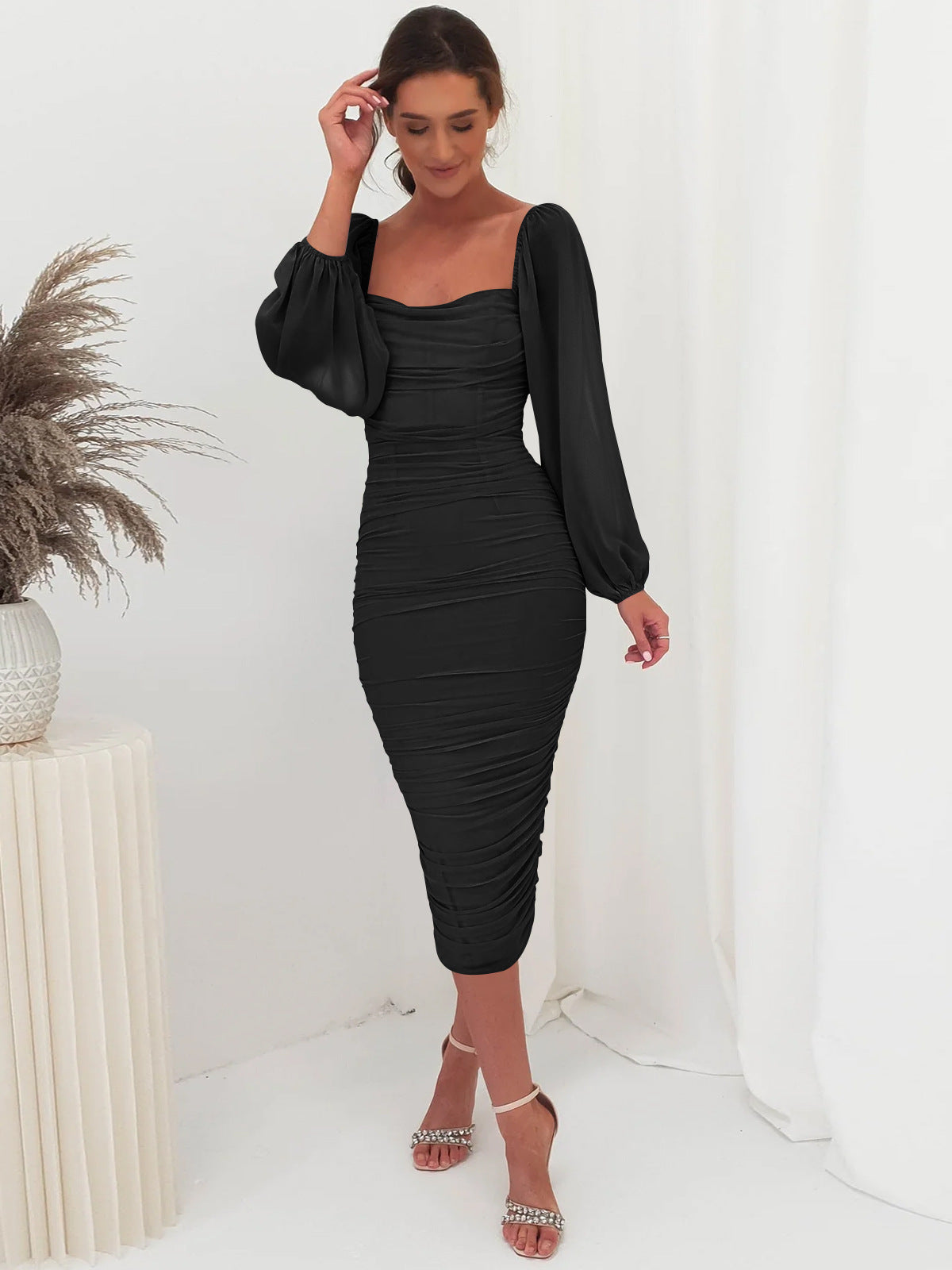 Lace Stitching Dress Toast Dress Square Collar Split Dress One Step Dress Light Dress Bridesmaid Dress