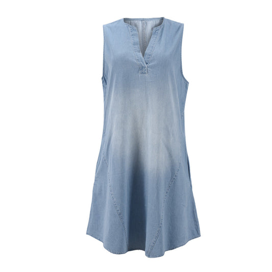 Denim Women opular Sleeveless Casual French V neck Loose Monkey Wash Dress Women
