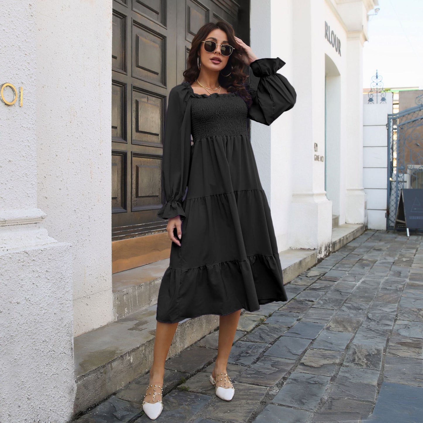 Vestido fruncido con cuello cuadrado y volantes, mangas acampanadas, capas, vestido amplio con vuelo para mujer, ropa para mujer