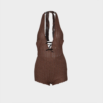 Mono de verano ajustado con cuello halter, encaje, espalda descubierta, sexy, pantalones acampanados, mono para mujer