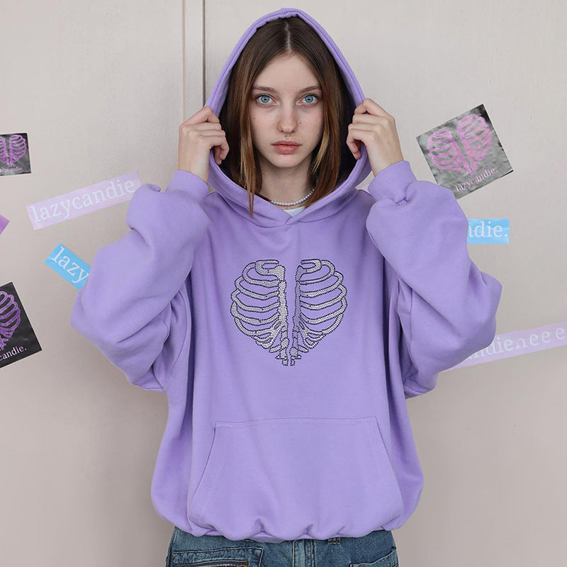 Sudadera con capucha holgada con diseño de esqueleto y diamantes de imitación para mujer, otoño e invierno
