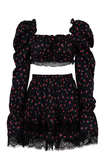 Conjunto de minifalda con mangas abullonadas y estampado floral Ella 