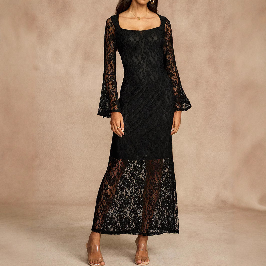 Vestido largo elegante con cuello cuadrado y mangas acampanadas para mujer, primavera, verano y otoño