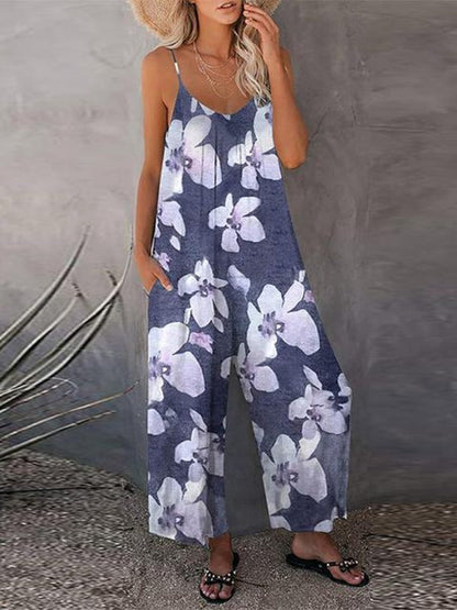 Mono de verano para mujer, estampado informal, sin mangas, holgado, de pierna ancha