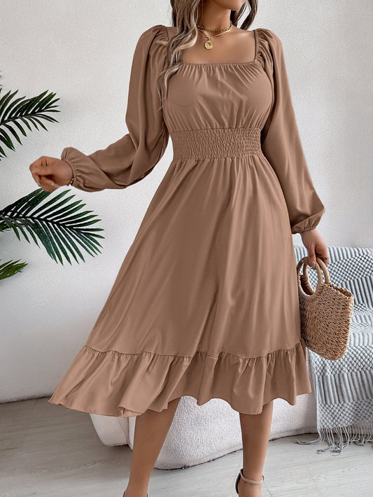 Vestido informal de primavera y verano para mujer, color liso, cuello cuadrado, manga larga, cintura con volantes, corte en A