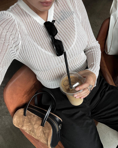 Top de lana de punto fino y transpirable con cuello redondo y manga larga para primavera y verano