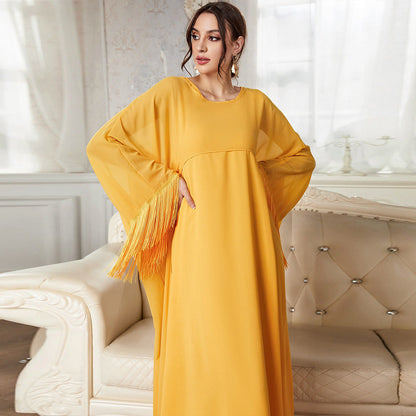 Ropa para mujer, llegada, blusa larga con borlas, vestido de malla, traje de otoño de color liso
