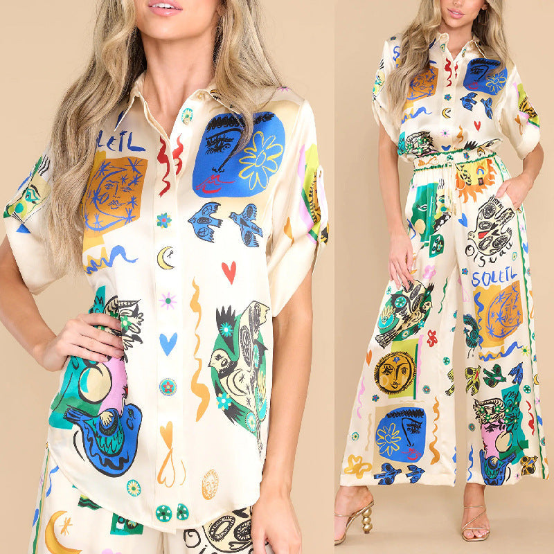 Camisa de satén de manga corta con cuello y pantalones con estampado de grafiti de verano, traje informal de dos piezas, artesanía amplificada