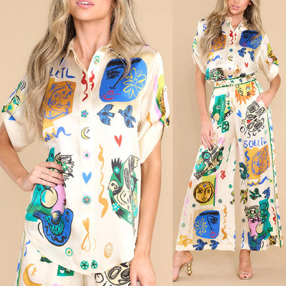 Camisa de satén de manga corta con cuello y pantalones con estampado de grafiti de verano, traje informal de dos piezas, artesanía amplificada