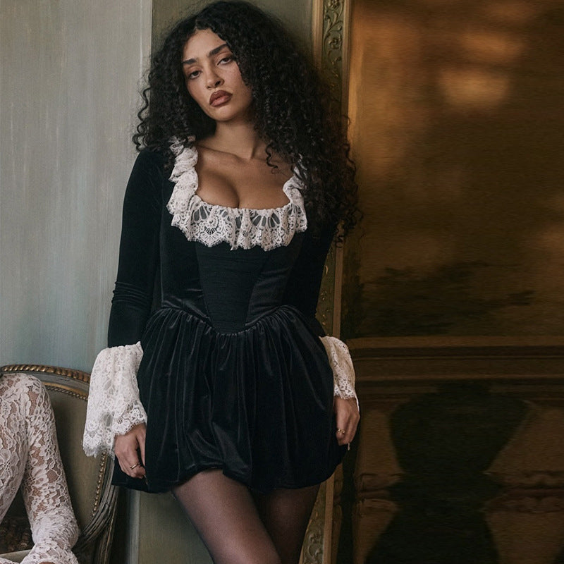 Vestido de mujer con cuello cuadrado francés y mangas acampanadas de encaje para otoño e invierno