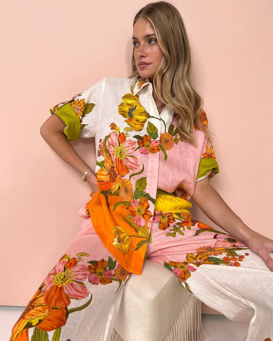 Traje de dos piezas de lino y algodón estampado, parte superior, pantalones de pierna ancha, artesanía amplificada