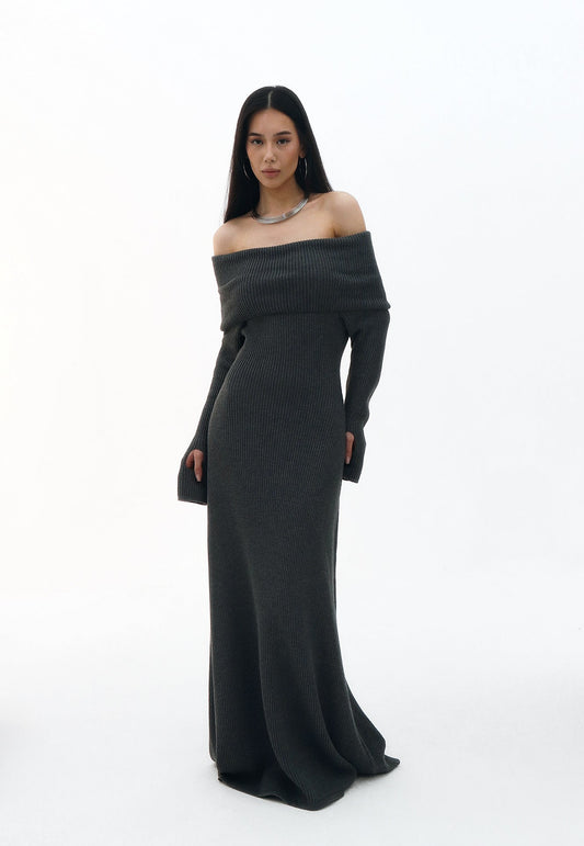 Vestido elegante de otoño e invierno para mujer, con hombros descubiertos, color liso, formal, largo.