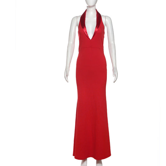 Vestido de primavera para mujer, sexy, sin mangas, con escote en V profundo, cuello halter, espalda descubierta, cintura alta