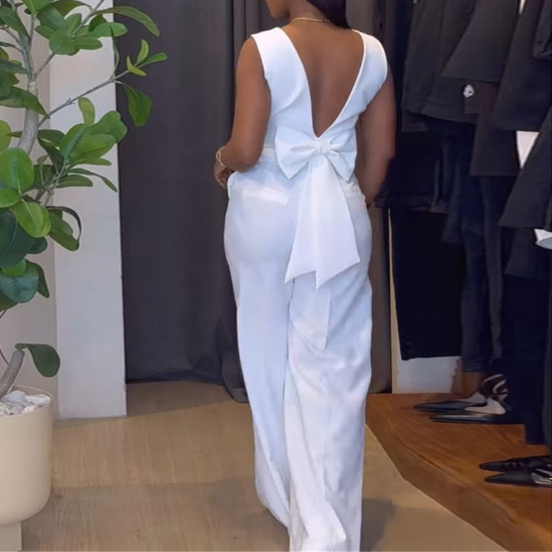Ropa de mujer Primavera Color sólido Sin espalda Lazo Top Pantalones de pierna ancha Traje casual