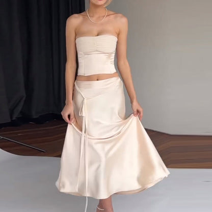 Vestido largo de satén de verano con top de tubo, color liso, sin espalda, con cordones, conjunto de falda sexy