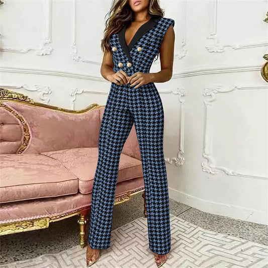 Mono de pata de gallo sin mangas con cuello en V y botones a juego para mujer, ropa de negocios para primavera y verano