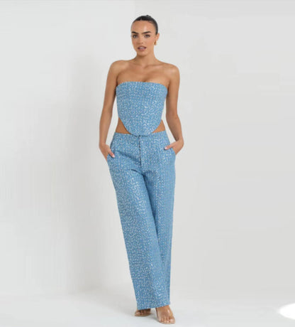 Traje de pantalón de pierna ancha con top de tubo y mezclilla de primavera y verano