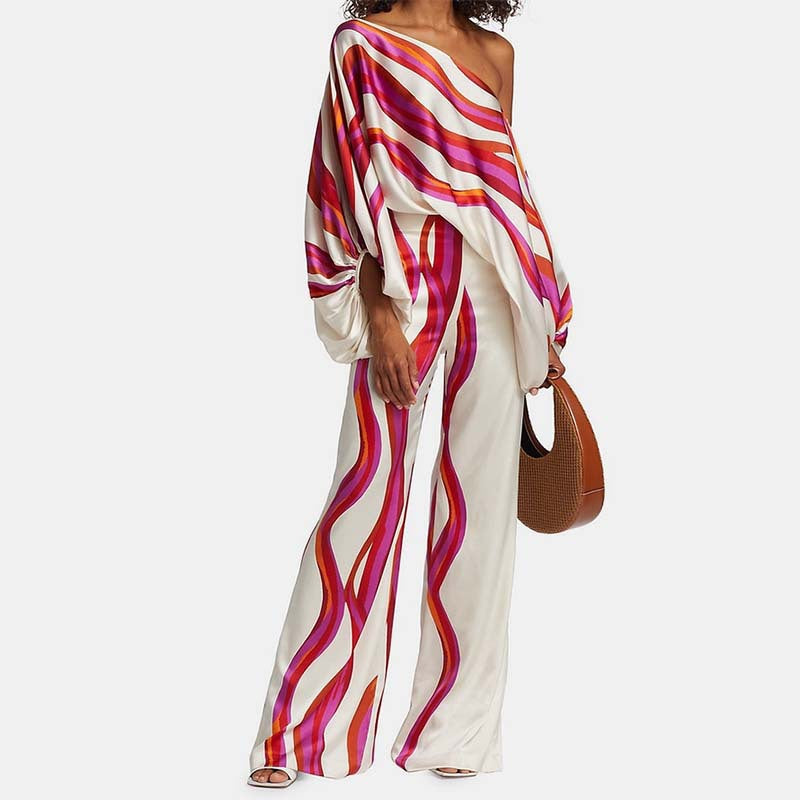 Ropa de mujer, top holgado con mangas murciélago y pantalones anchos, traje de dos piezas