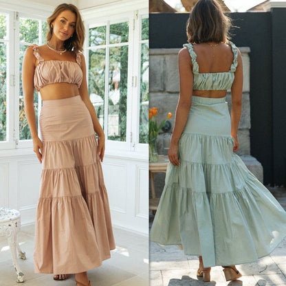 Conjunto de top con tirantes y falda larga de color liso para mujer