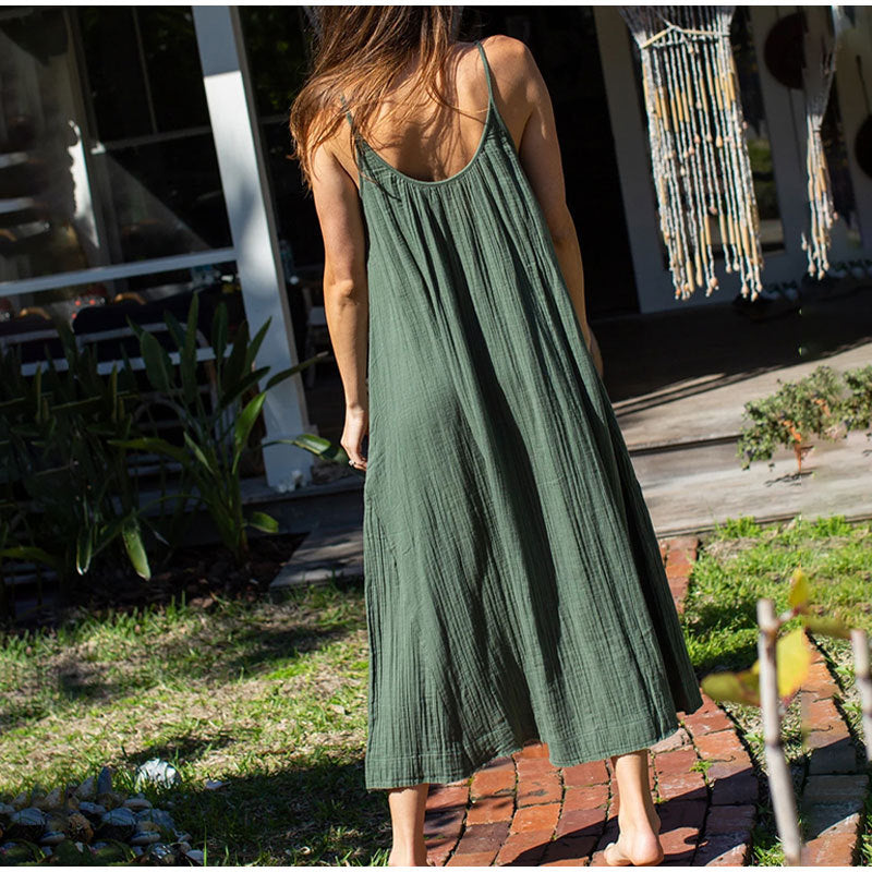 Vestido camisola informal de algodón para mujer, vestido largo de verano para vacaciones, suelto, de color liso, sin espalda, de gasa de doble capa, sin mangas