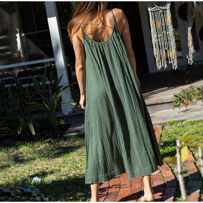 Vestido camisola informal de algodón para mujer, vestido largo de verano para vacaciones, suelto, de color liso, sin espalda, de gasa de doble capa, sin mangas