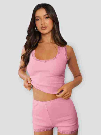 Lace Stitching Home Two Piece Slim Fit Sling High Waist Shorts Women Multi Color Casual Suit