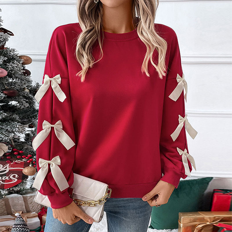Sudadera navideña roja con lazo y cuello redondo para mujer, otoño e invierno