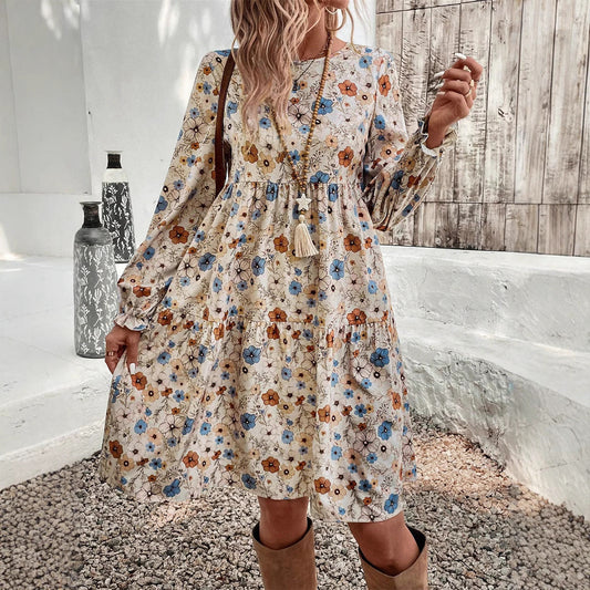 Printed round Neck Lantern Sleeve Frill Loose Casual Dress Autumn