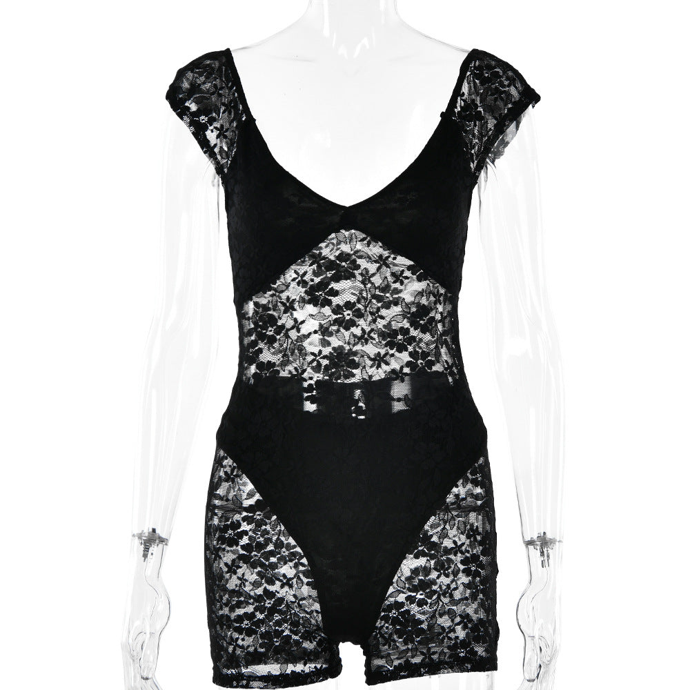 Spring Summer Sexy Tight See through Embroidery Romper Women