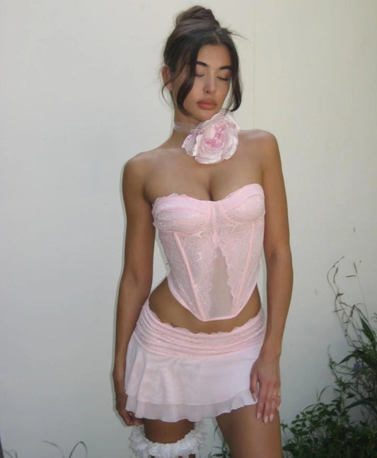 Conjunto de corsé sexy rosa semitransparente con encaje y varillas, top de tubo, chaleco corto, minifalda ultracorta de doble capa para mujer