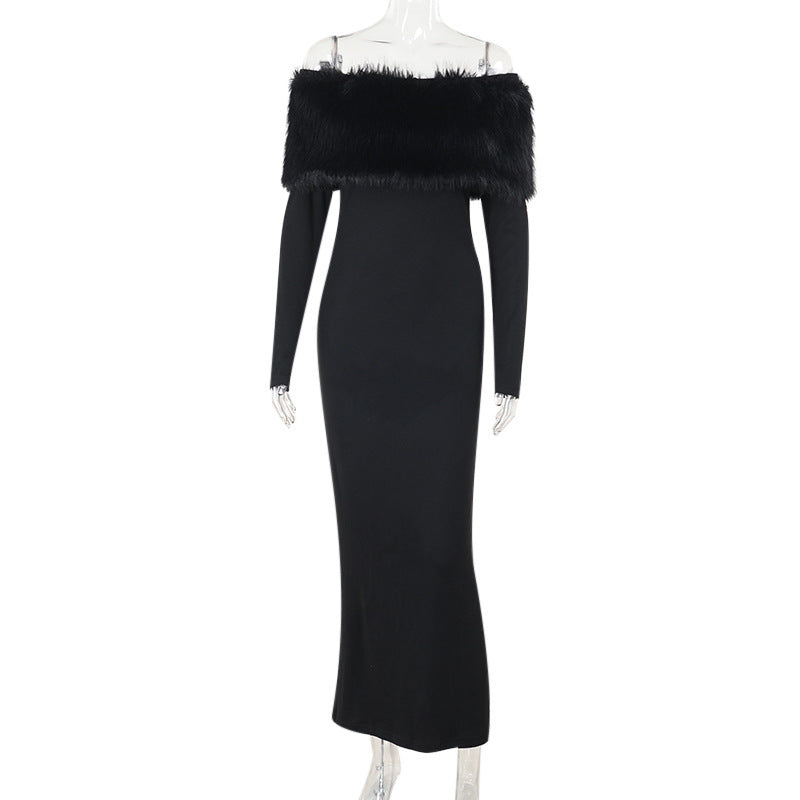 Vestido largo de otoño elegante con hombros descubiertos y cuello de piel ajustado para mujer
