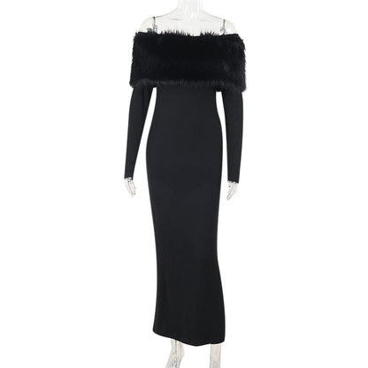 Vestido largo de otoño elegante con hombros descubiertos y cuello de piel ajustado para mujer