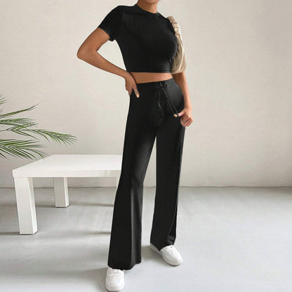 Conjunto de dos piezas de pantalones de pierna ancha y cintura alta de manga corta de punto ajustado para mujer