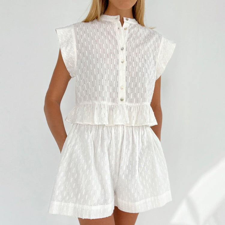 ¡¾MOQ-5 packs¡¿ Summer Jacquard Short Sleeve Sense of Design Shirt Casual Office Shorts Set for Women