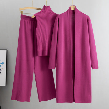Conjunto de tres piezas de primavera para mujer, traje de punto holgado, cárdigan con chal largo y cuello alto, chaleco y pantalones de pierna ancha