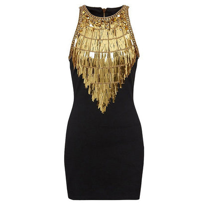 Vestido negro sexy ajustado sin mangas, ligero, de lujo, de industria pesada, con cuentas, vestido de mujer a la moda