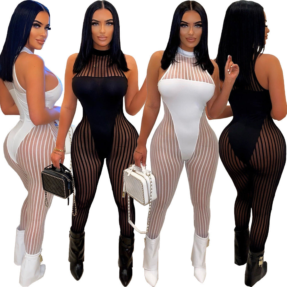 Mono sexy de malla con costuras de rayas para mujer