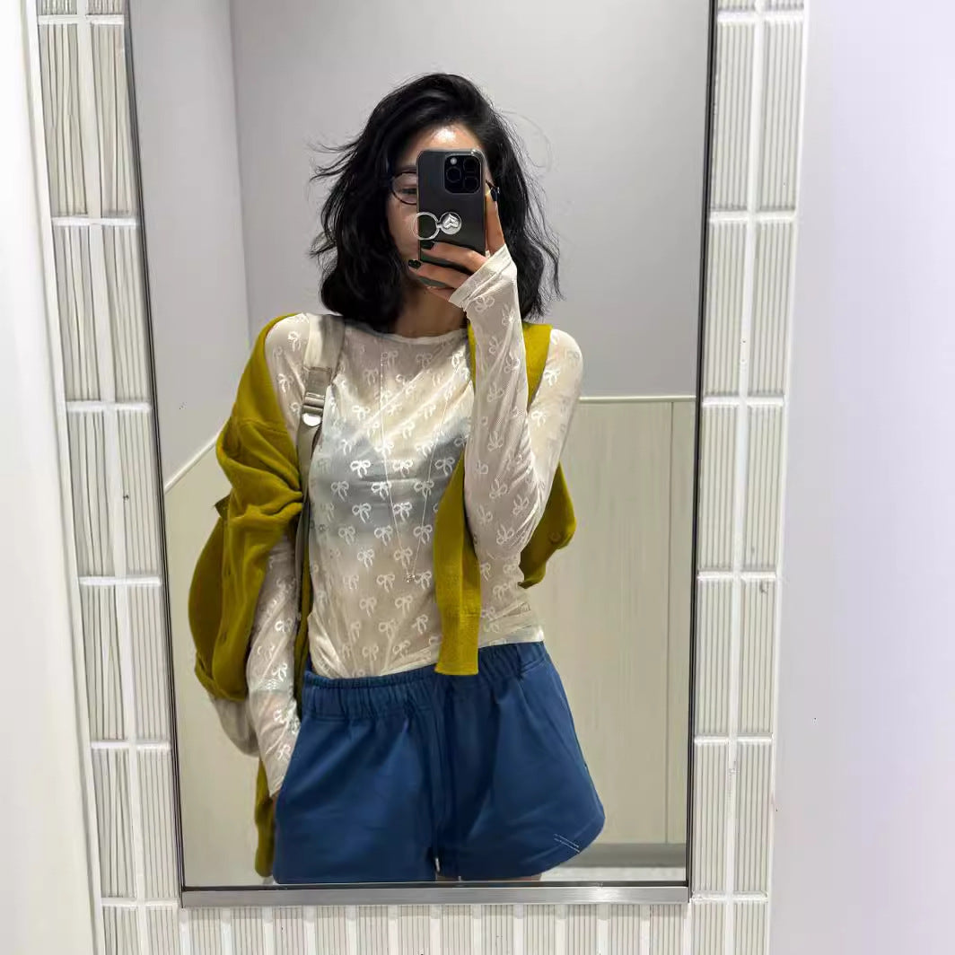 Camiseta de manga larga con lazo japonés, de malla elástica, para primavera y verano