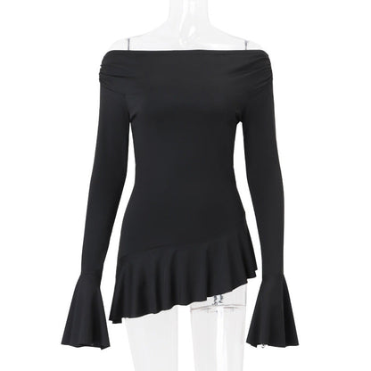 Camiseta ajustada de manga larga con hombros descubiertos y mangas acampanadas para mujer