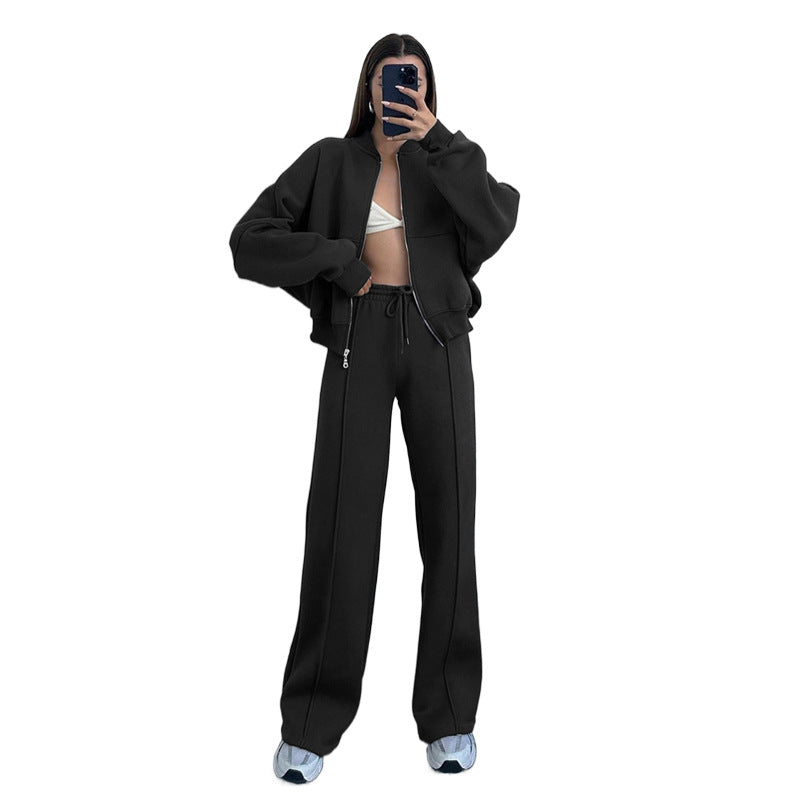 Conjunto de cárdigan con cremallera de color liso para mujer, pantalones rectos informales, otoño e invierno