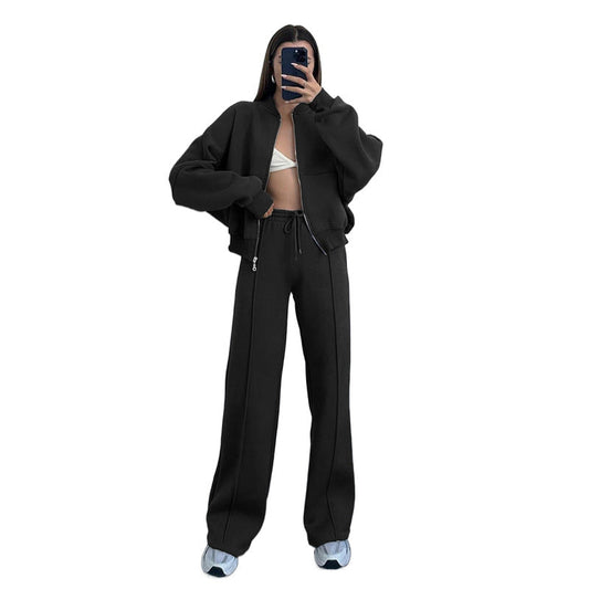 Conjunto de cárdigan con cremallera de color liso para mujer, pantalones rectos informales, otoño e invierno