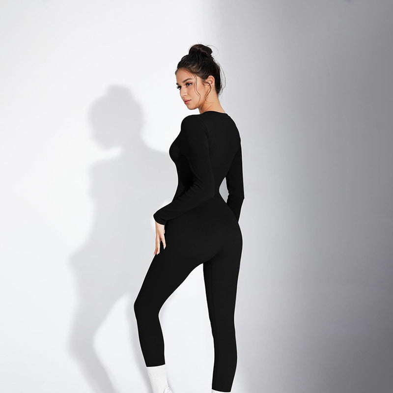 Ropa de invierno para mujer, pantalones casuales de una pieza ajustados con botones y cuello redondo de manga larga y tejido acanalado de color liso