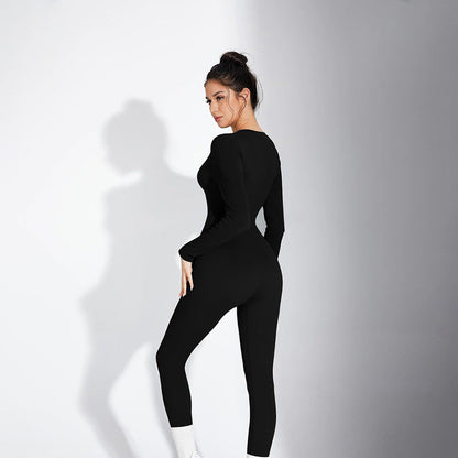 Ropa de invierno para mujer, pantalones casuales de una pieza ajustados con botones y cuello redondo de manga larga y tejido acanalado de color liso