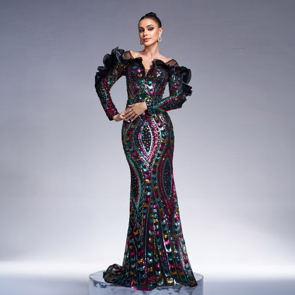 Vestido de noche de cola de pez con escote en V y manga larga, con aberturas y lentejuelas, para cóctel o dama de honor