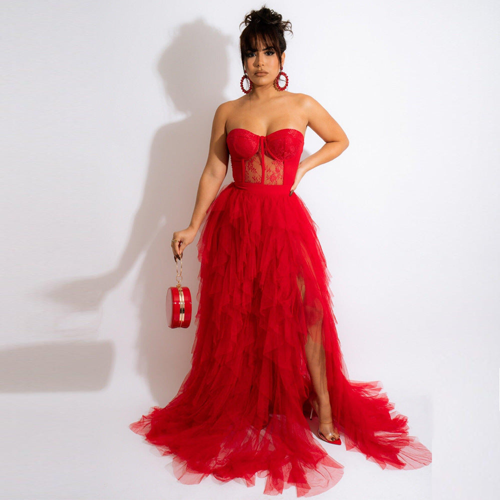 Vestido sexy de malla transparente con encaje que envuelve el pecho