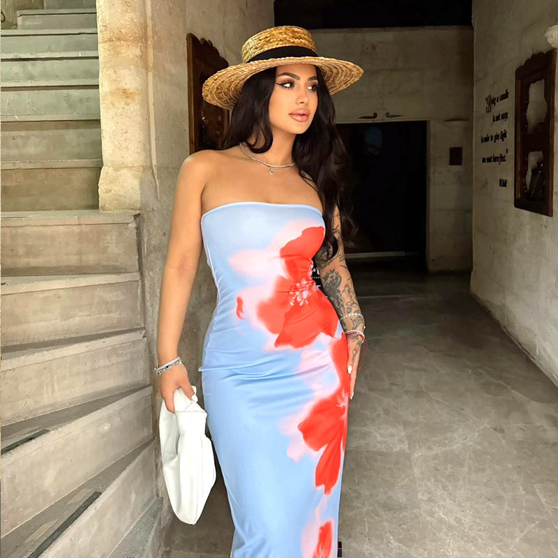 Vestido largo de verano con escote tubo y estampado floral, ajustado y abertura en la cintura para mujer