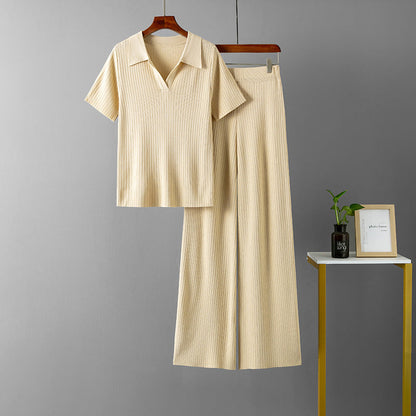 Ropa de mujer, jersey de cuello polo, top de manga corta, pantalones anchos de color liso adelgazantes, traje de punto